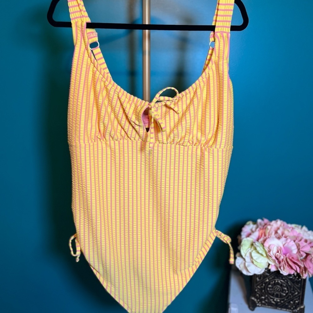 Yellow and Pink One Piece Swimsuu with Adjustable Straps and Sweetheart Neckline